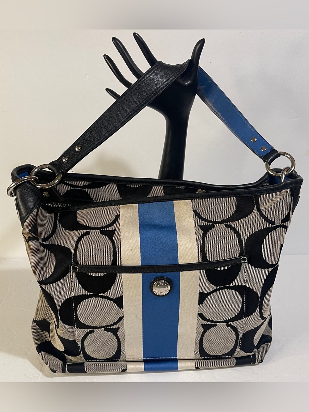 Coach Heritage Stripe Tote F14477 Y2K Signature C Shoulder Bag Black Blue White